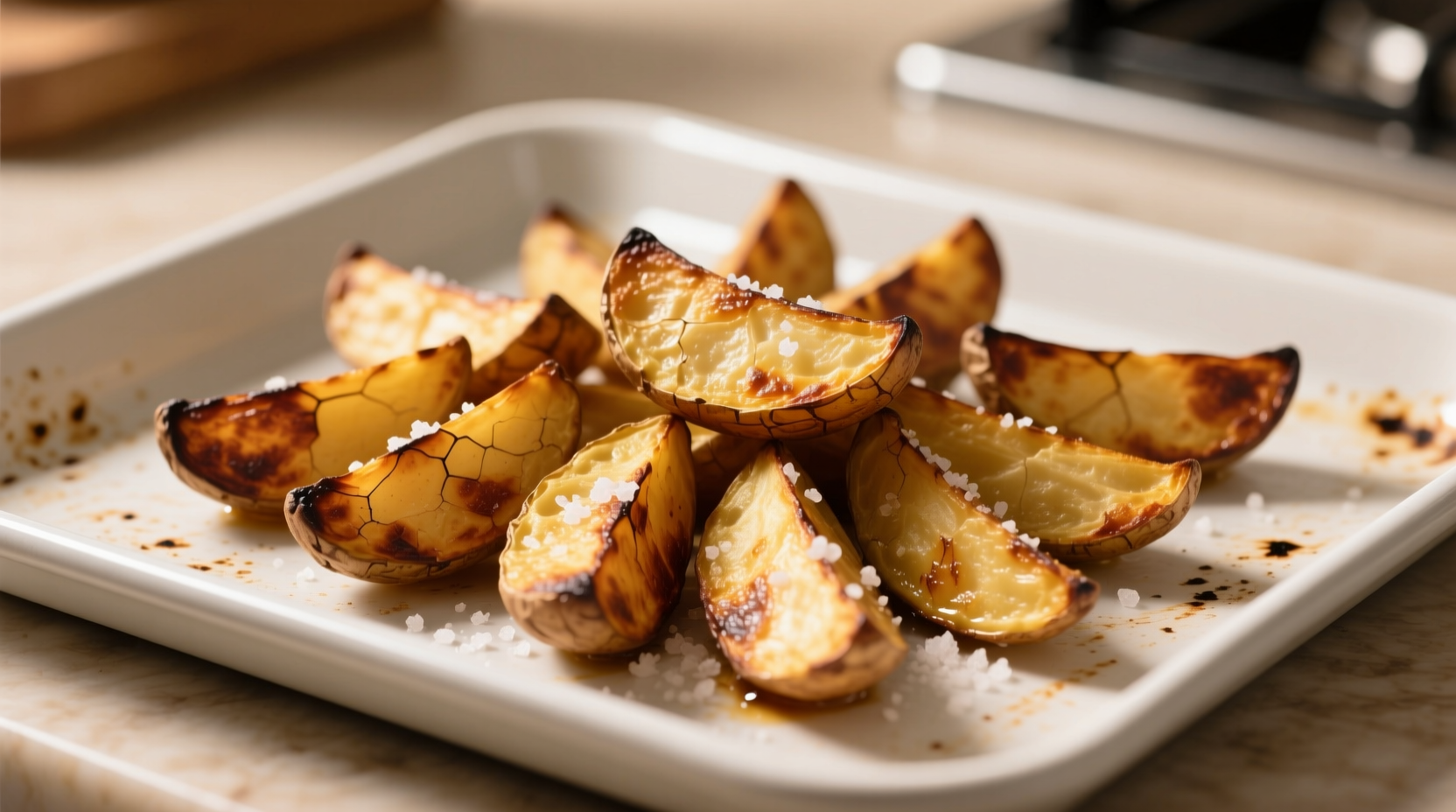 Golden brown roasted potato wedges on baking sheet