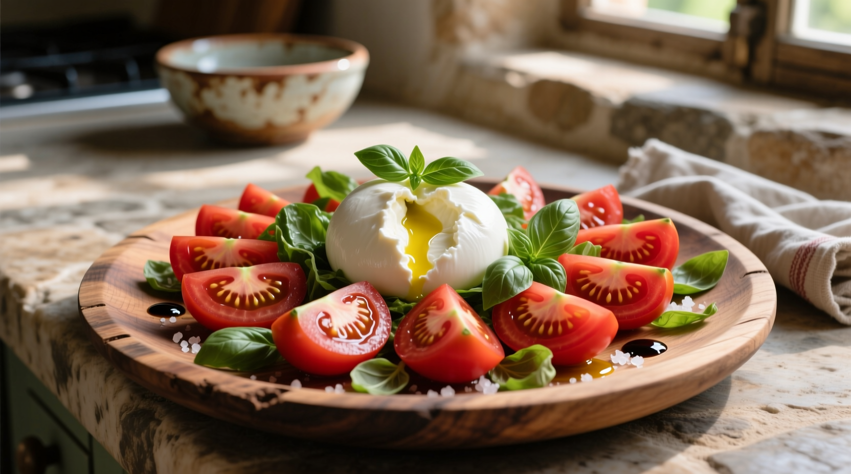 Fresh tomato and burrata salad on rustic platter