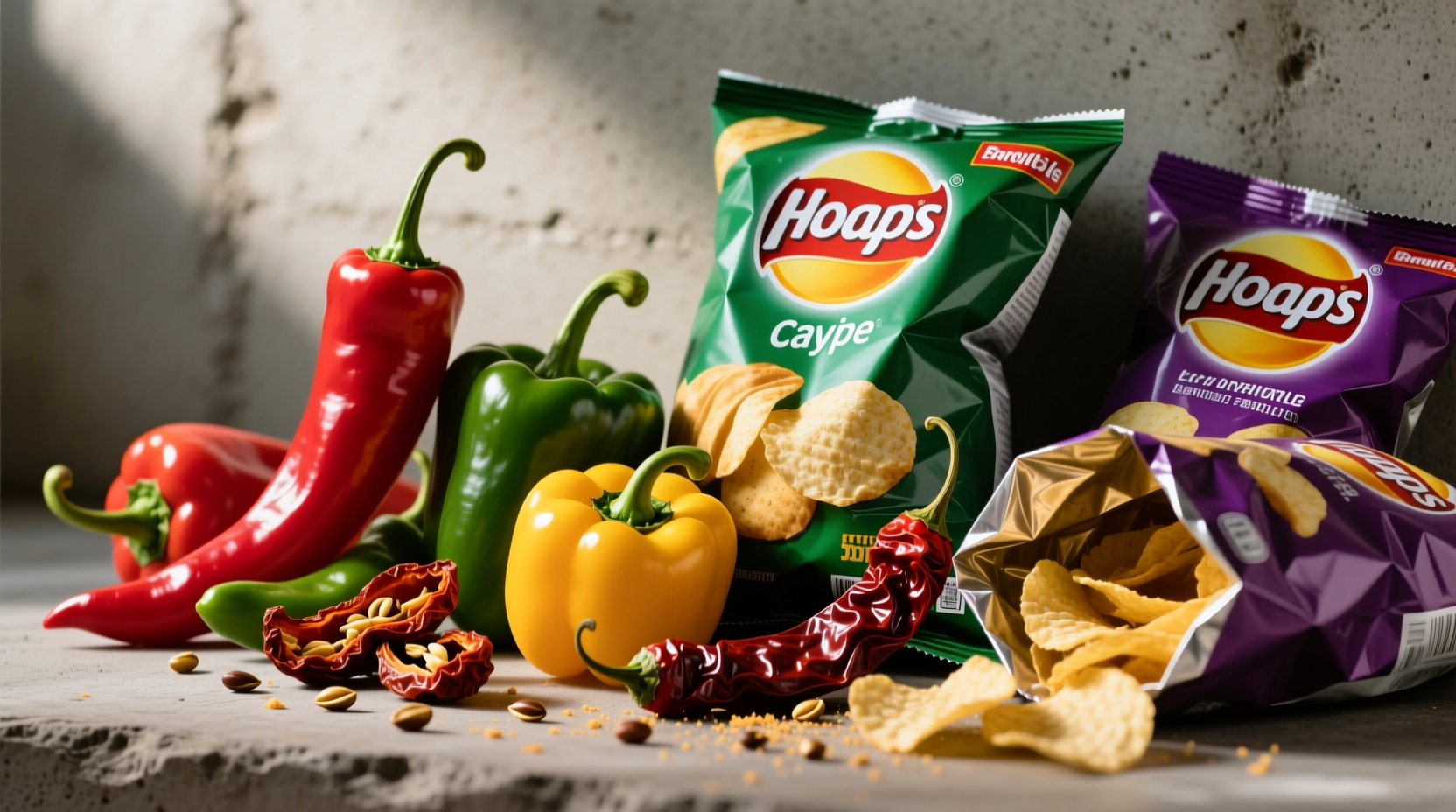 Various chili peppers next to potato chip bags