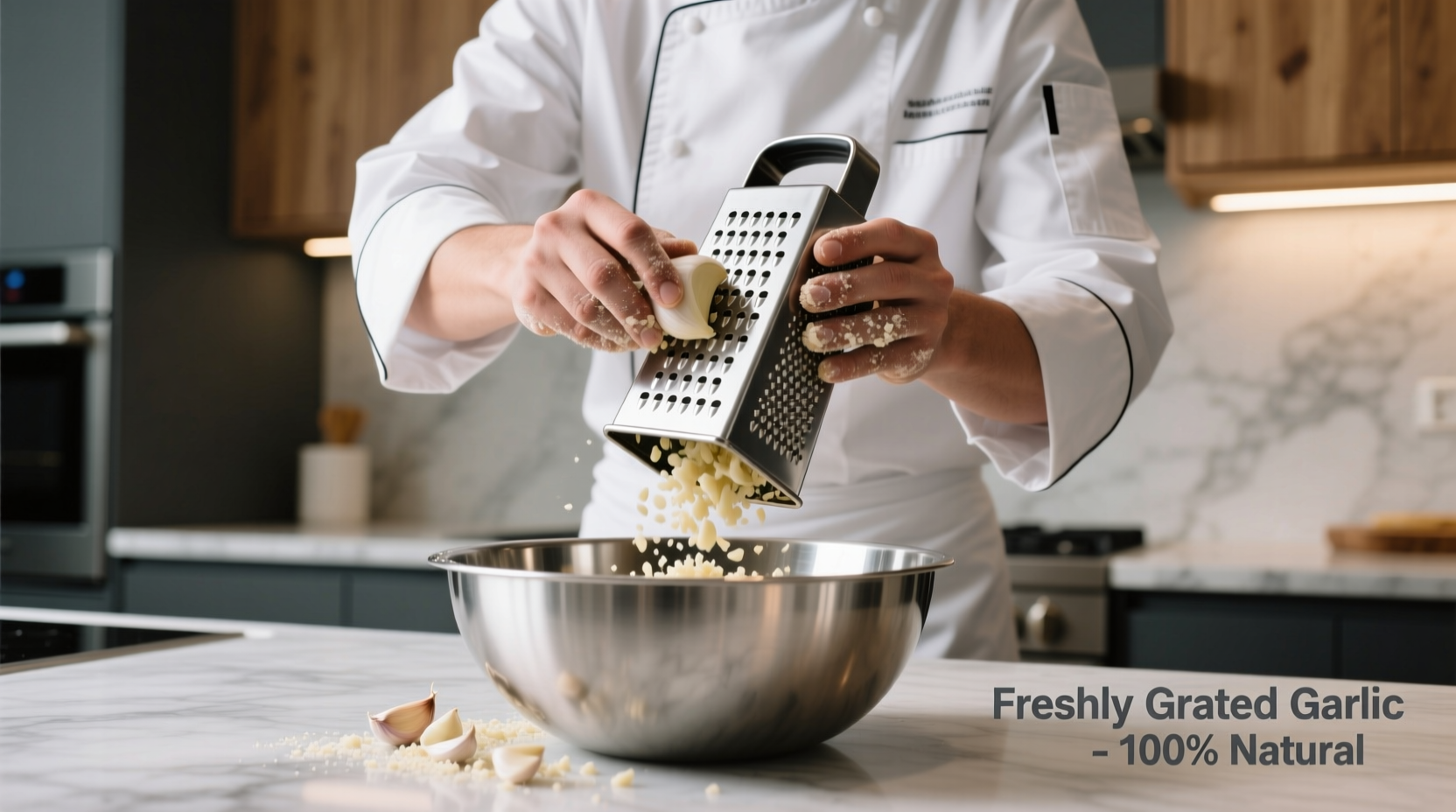 Chef using stainless steel garlic grater bowl