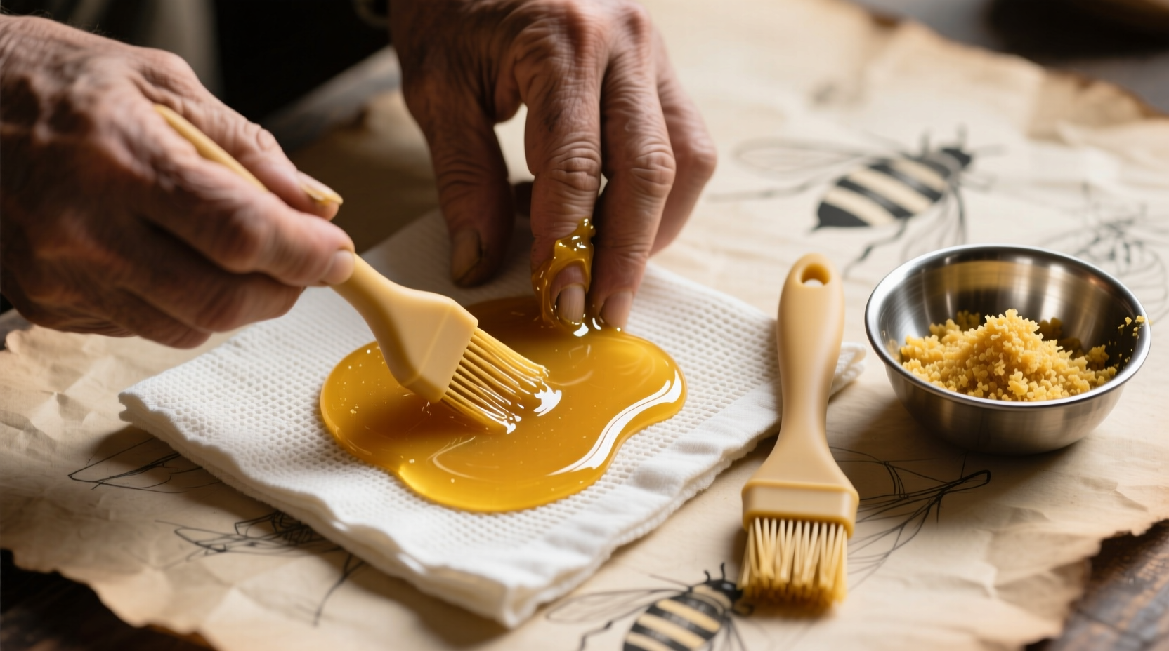 Overhead photo of hands brushing golden beeswax-resin mixture onto a taut cotton napkin square laid on parchment paper, with a small stainless steel bowl of grated wax and a silicone brush visible nearby