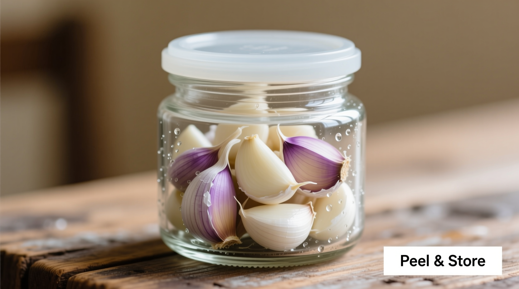Peeled garlic cloves in glass container with airtight lid