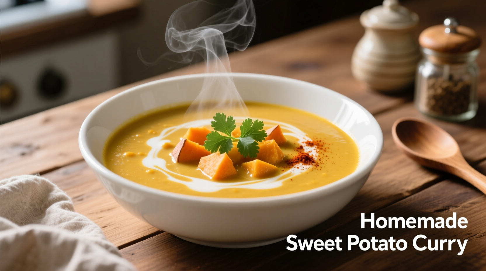 Creamy sweet potato curry soup in white bowl