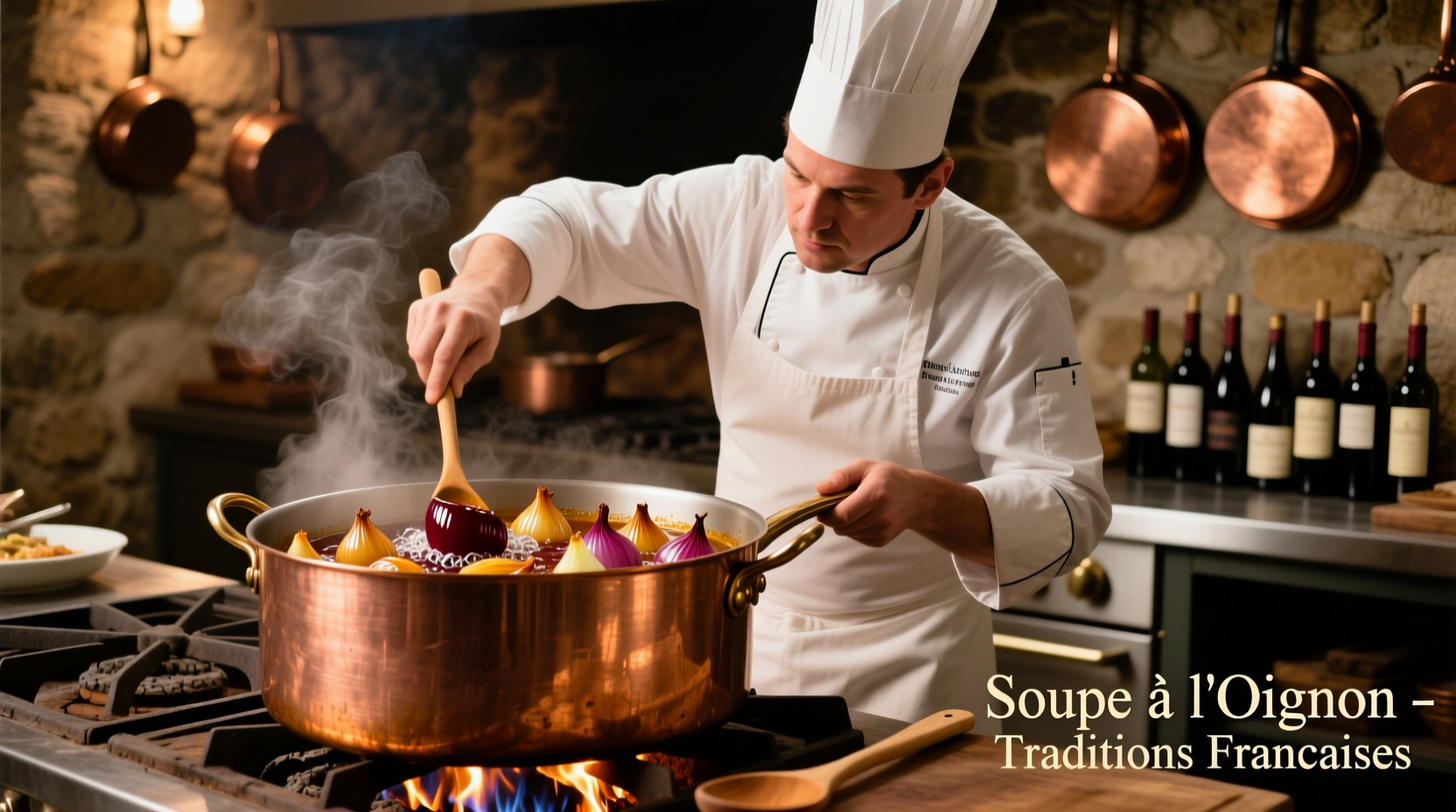 Chef preparing French onion soup with red wine in copper pot
