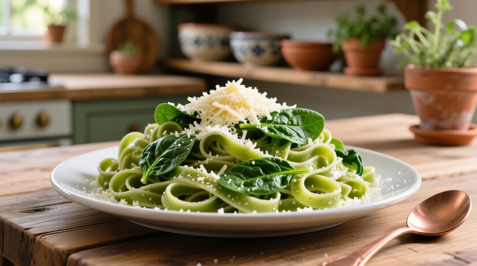 Vibrant green pasta with fresh spinach and parmesan