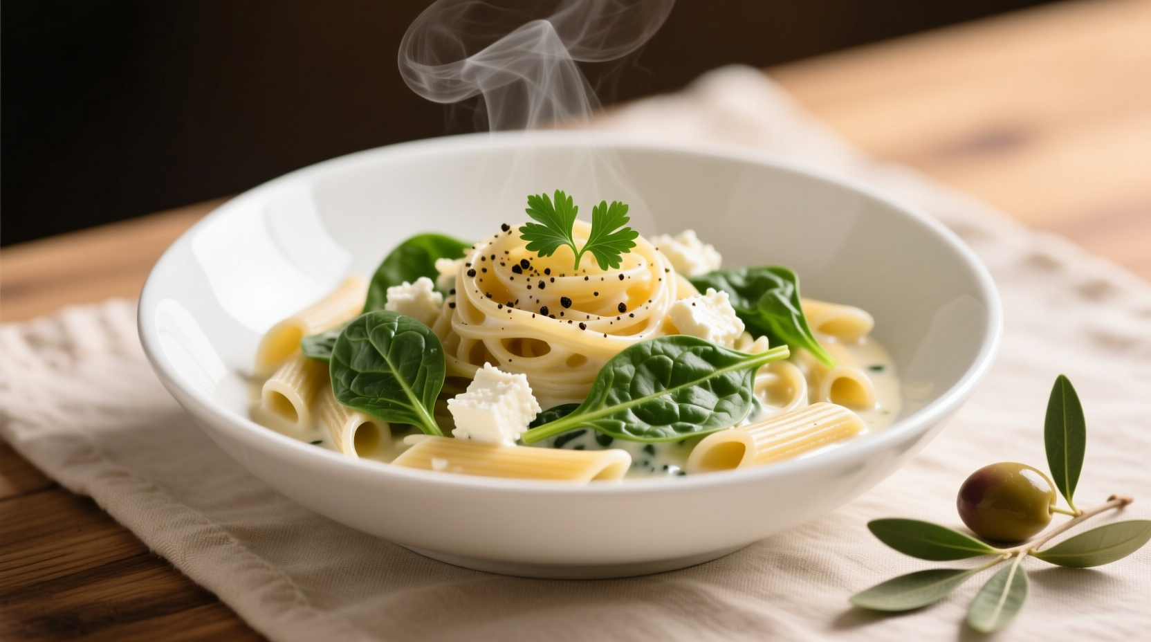 Creamy spinach and feta pasta in white bowl