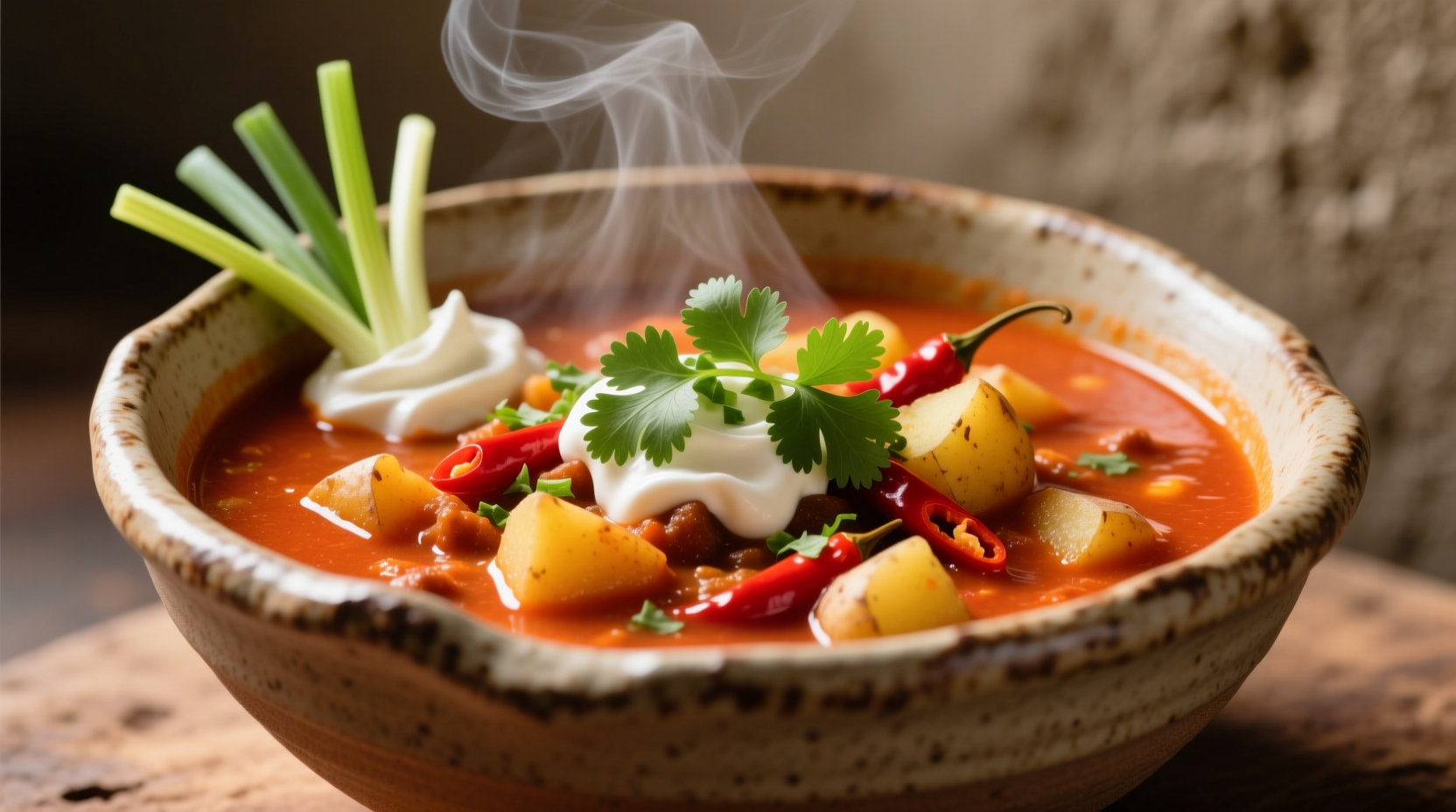 Chili potato soup in rustic bowl with garnish