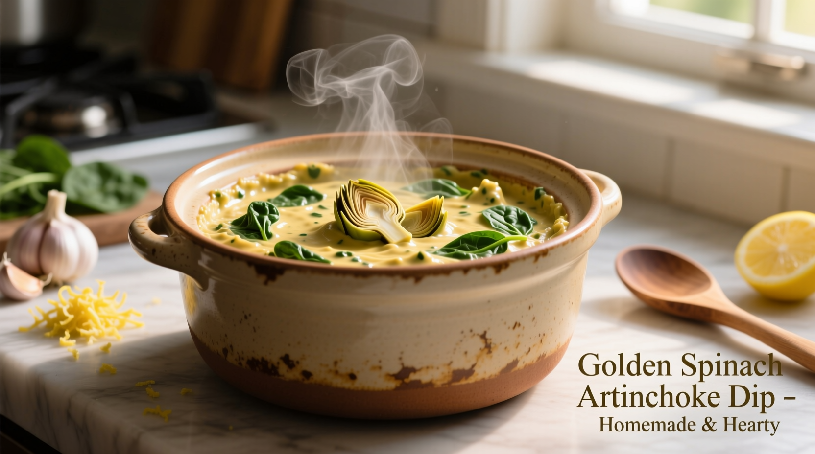 Crock pot filled with golden spinach artichoke dip