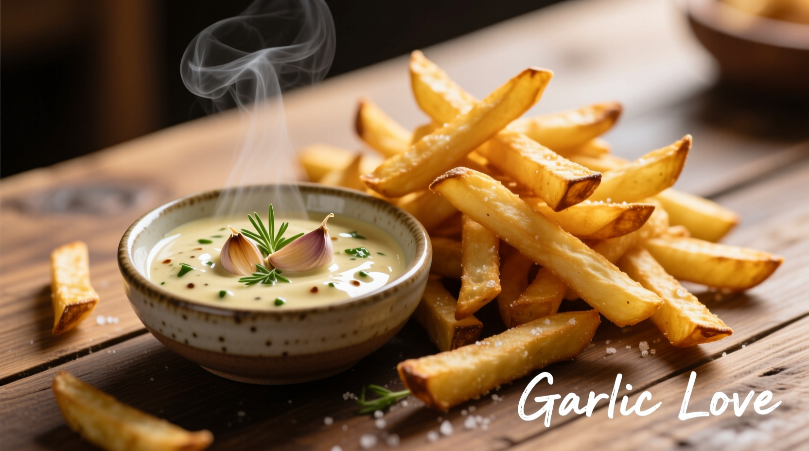 Homemade garlic sauce in small bowl with fries