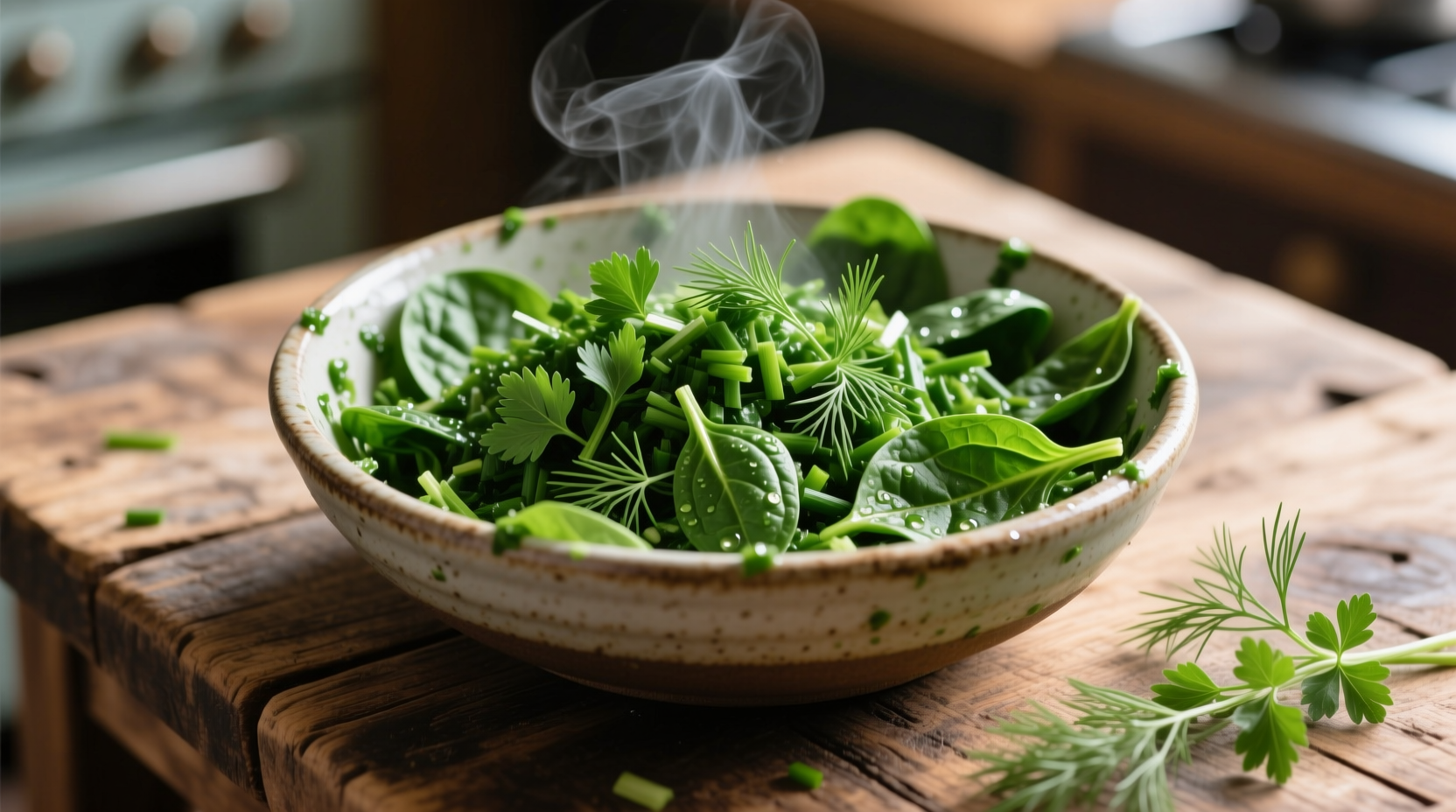 Spinach filling mixture in bowl with fresh herbs