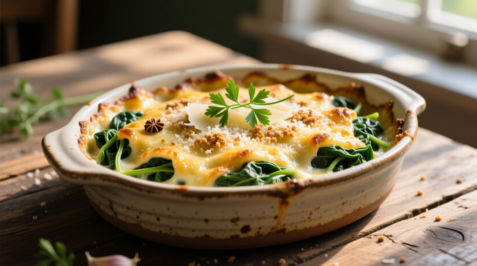 Golden spinach gratin in ceramic baking dish