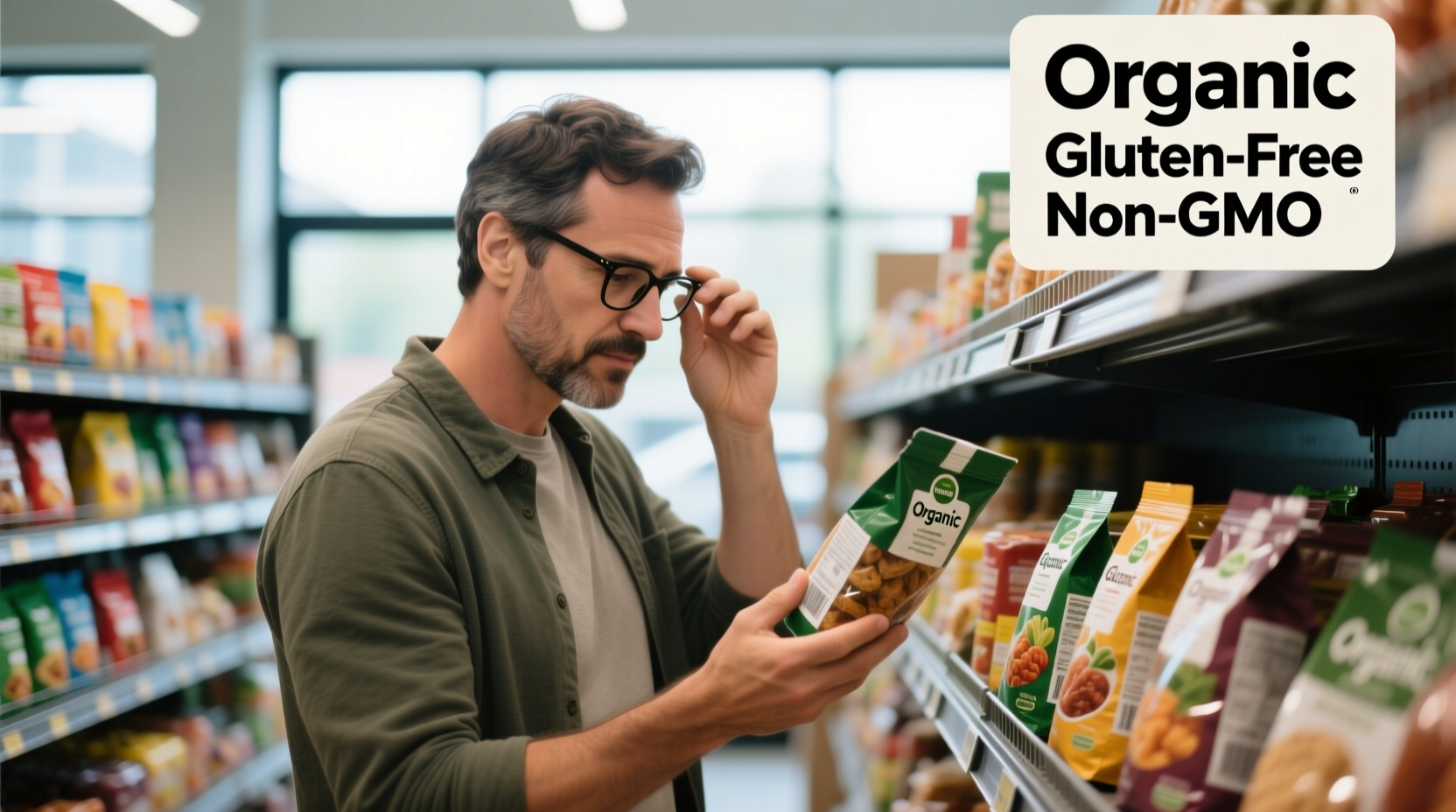 Person checking food labels at grocery store