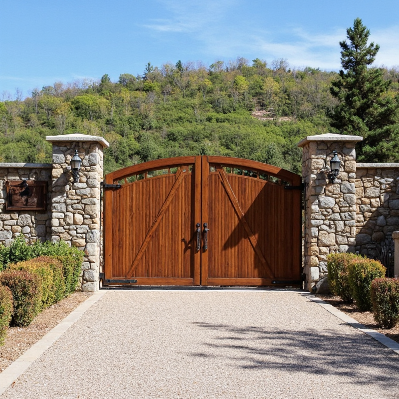 Driveway Gates for Style, application: house with ornate ironwork and elegant wooden accents.