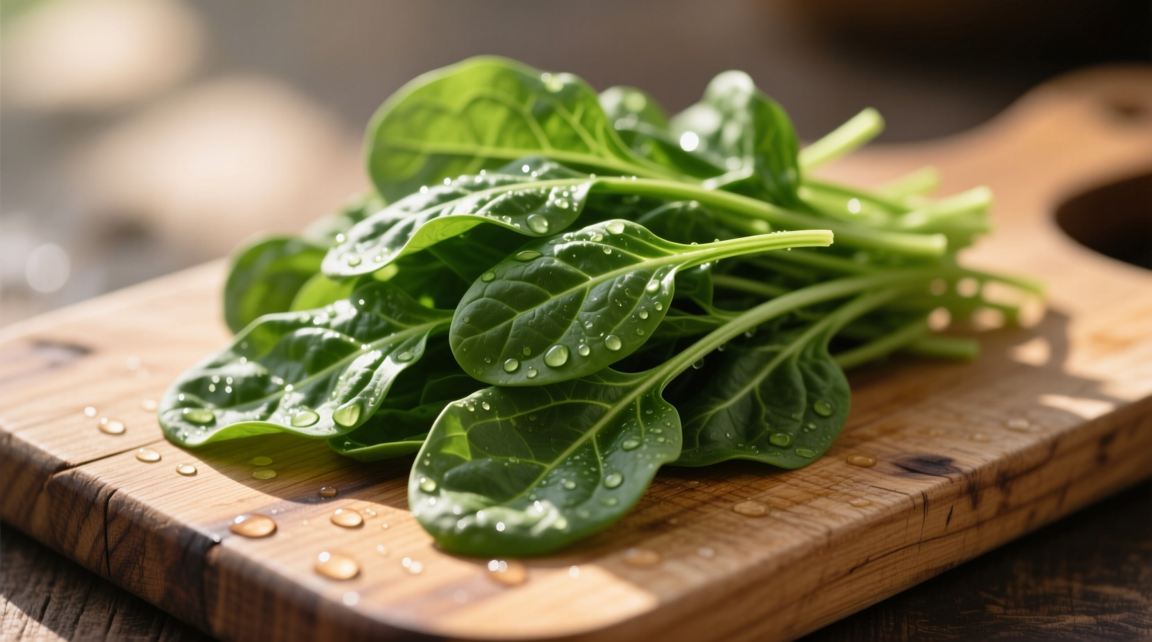Fresh spinach leaves on wooden cutting board