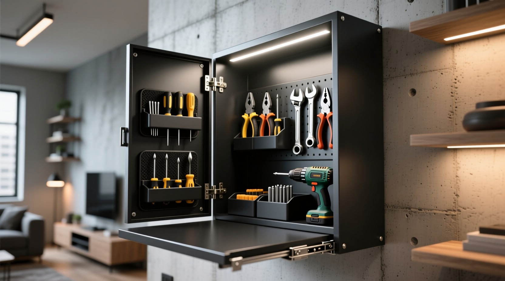 make a fold out space saving tool storage cabinet for