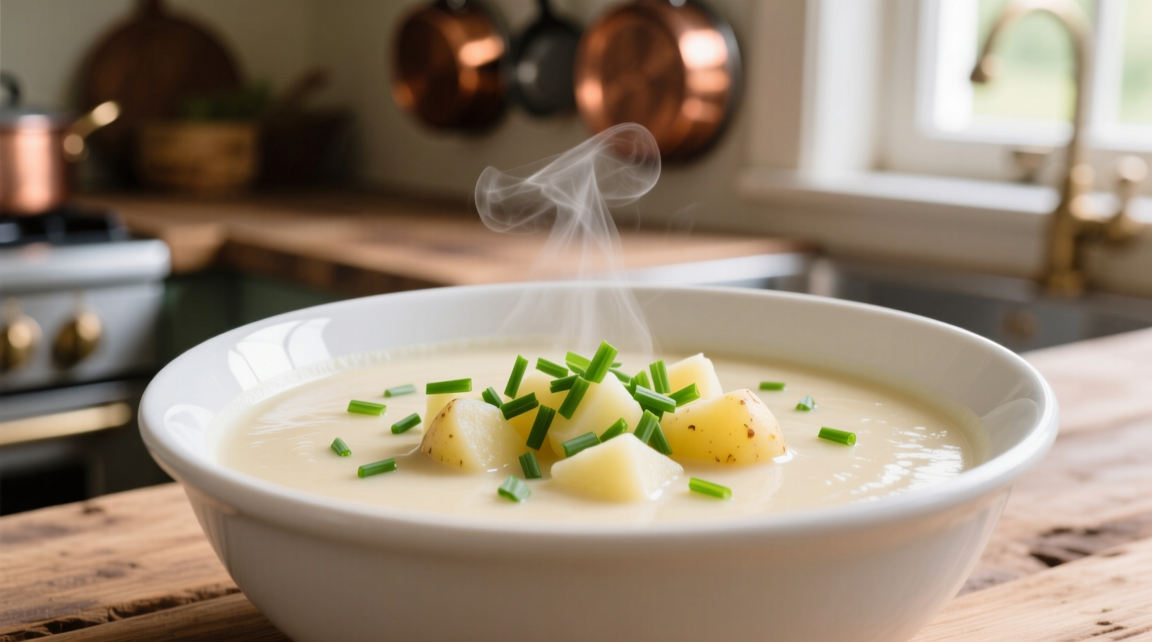 Creamy cream cheese potato soup in white bowl with chives