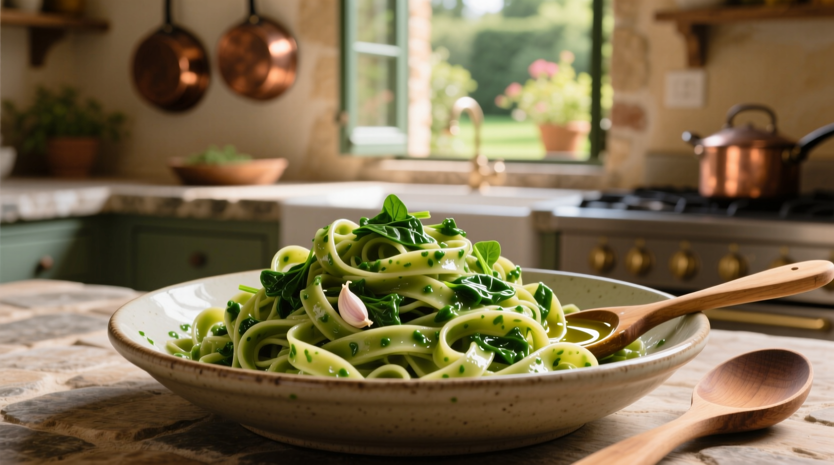Fresh fettuccine coated in vibrant green spinach sauce