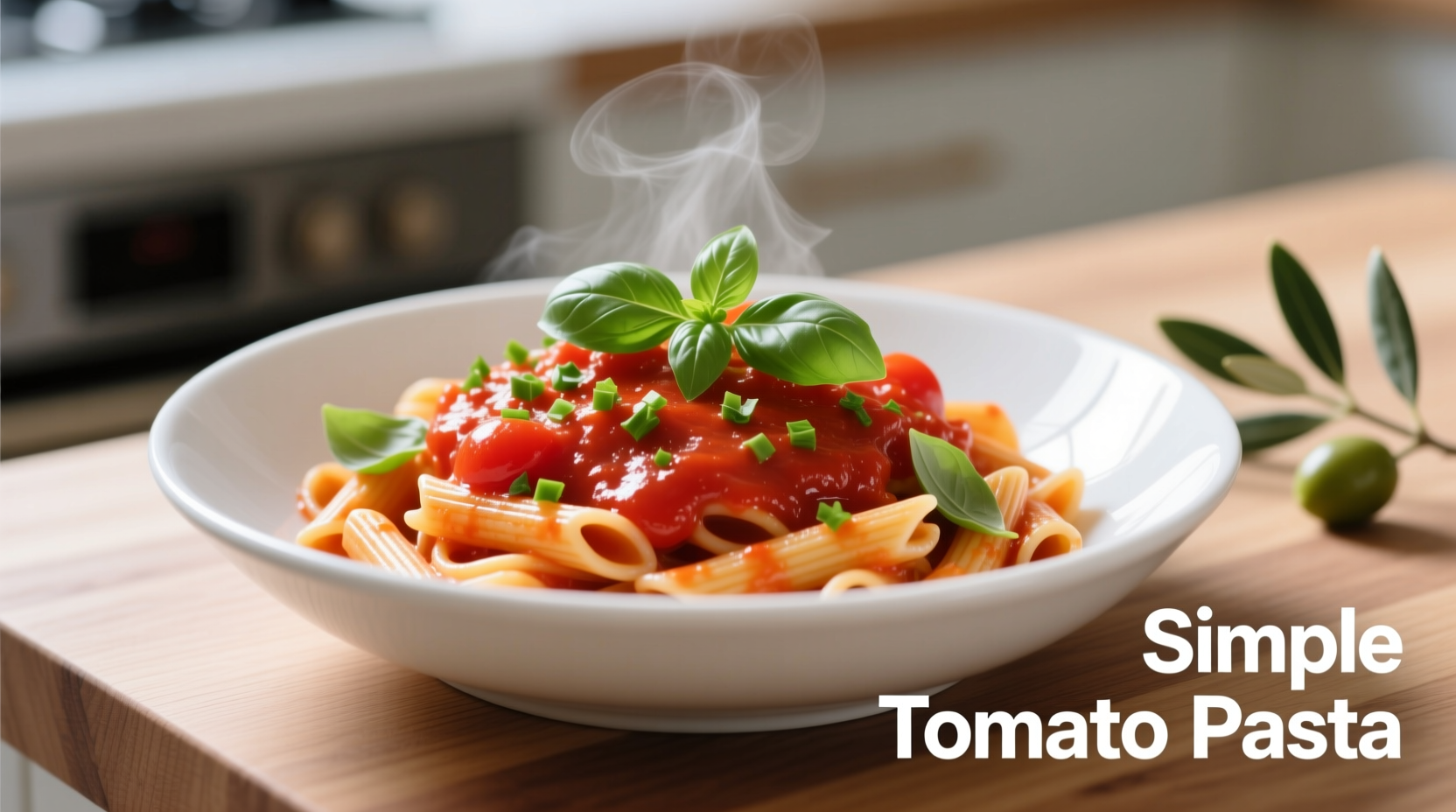 Simple tomato pasta in white bowl with fresh basil