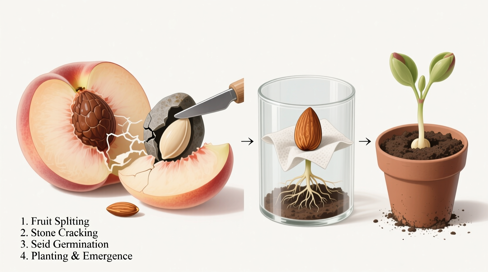 Peach seed germination process showing seed extraction and planting stages
