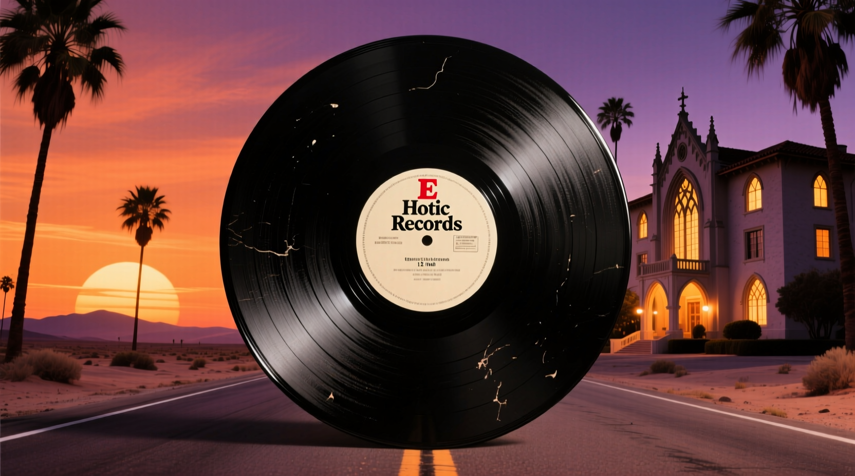 Vintage vinyl record with Hotel California album art