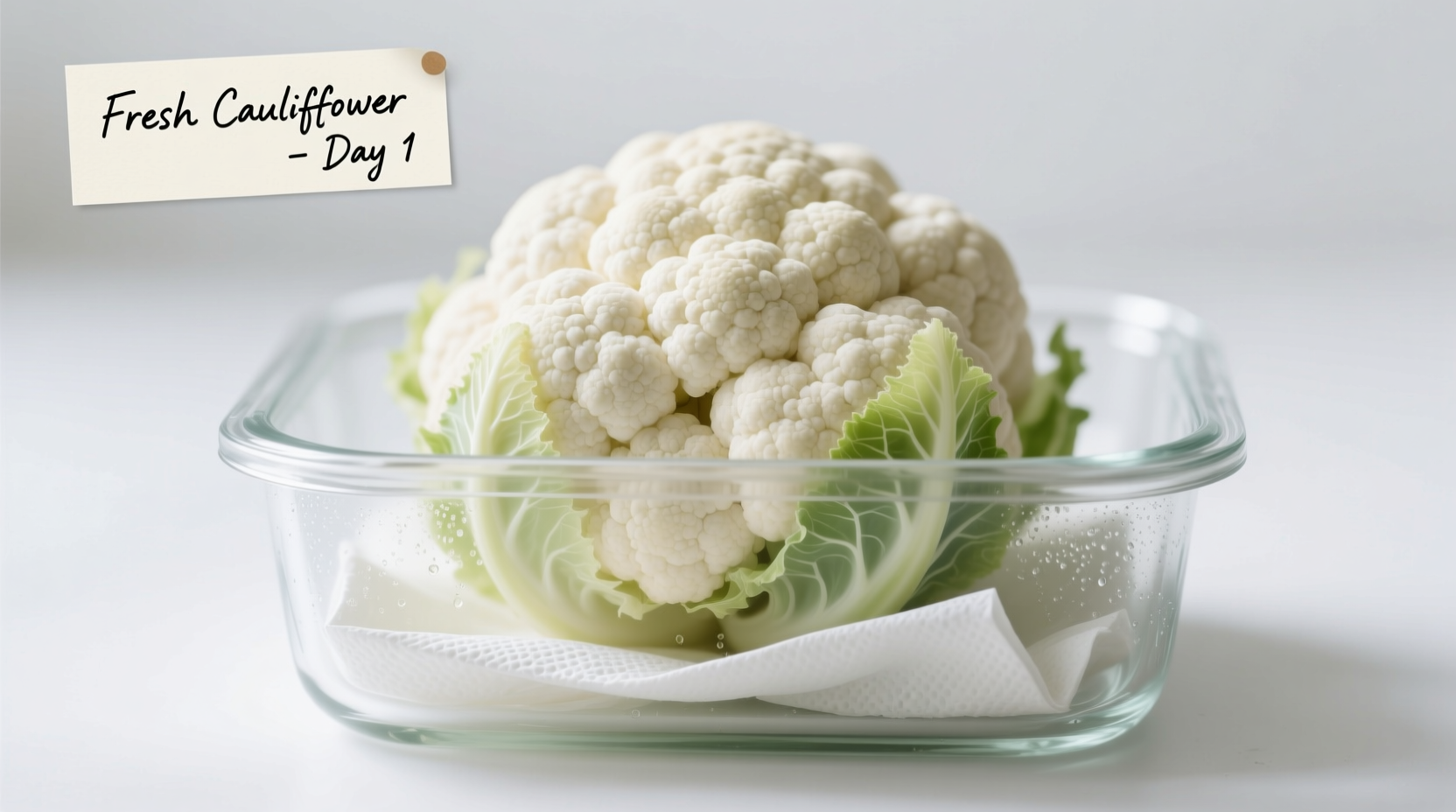 Fresh cauliflower stored in airtight container with paper towel