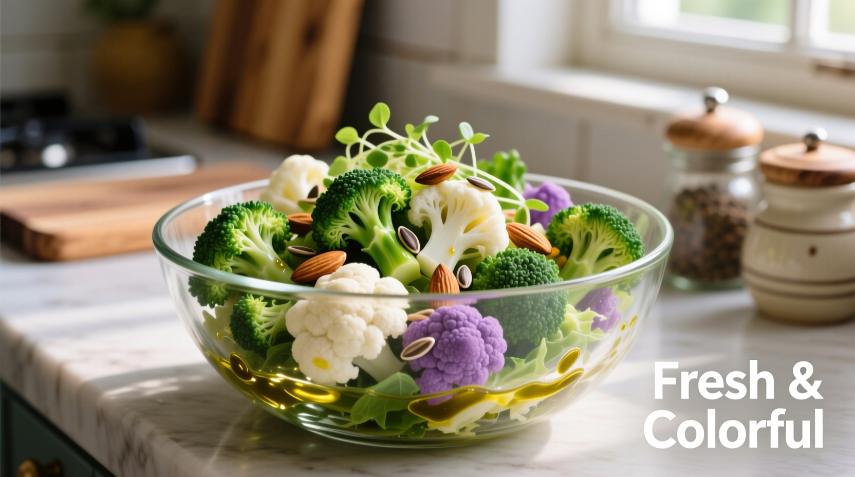 Colorful broccoli cauliflower salad in glass bowl