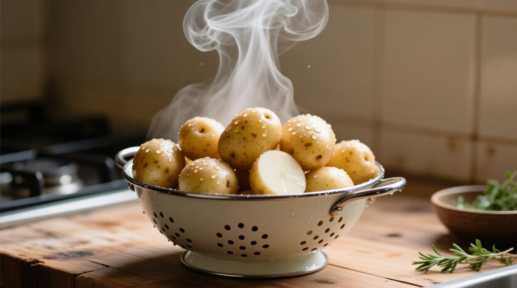 Parboiled potatoes in a colander with steam rising