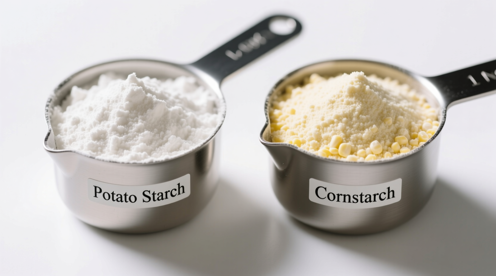 Potato starch and cornstarch side by side in measuring cups