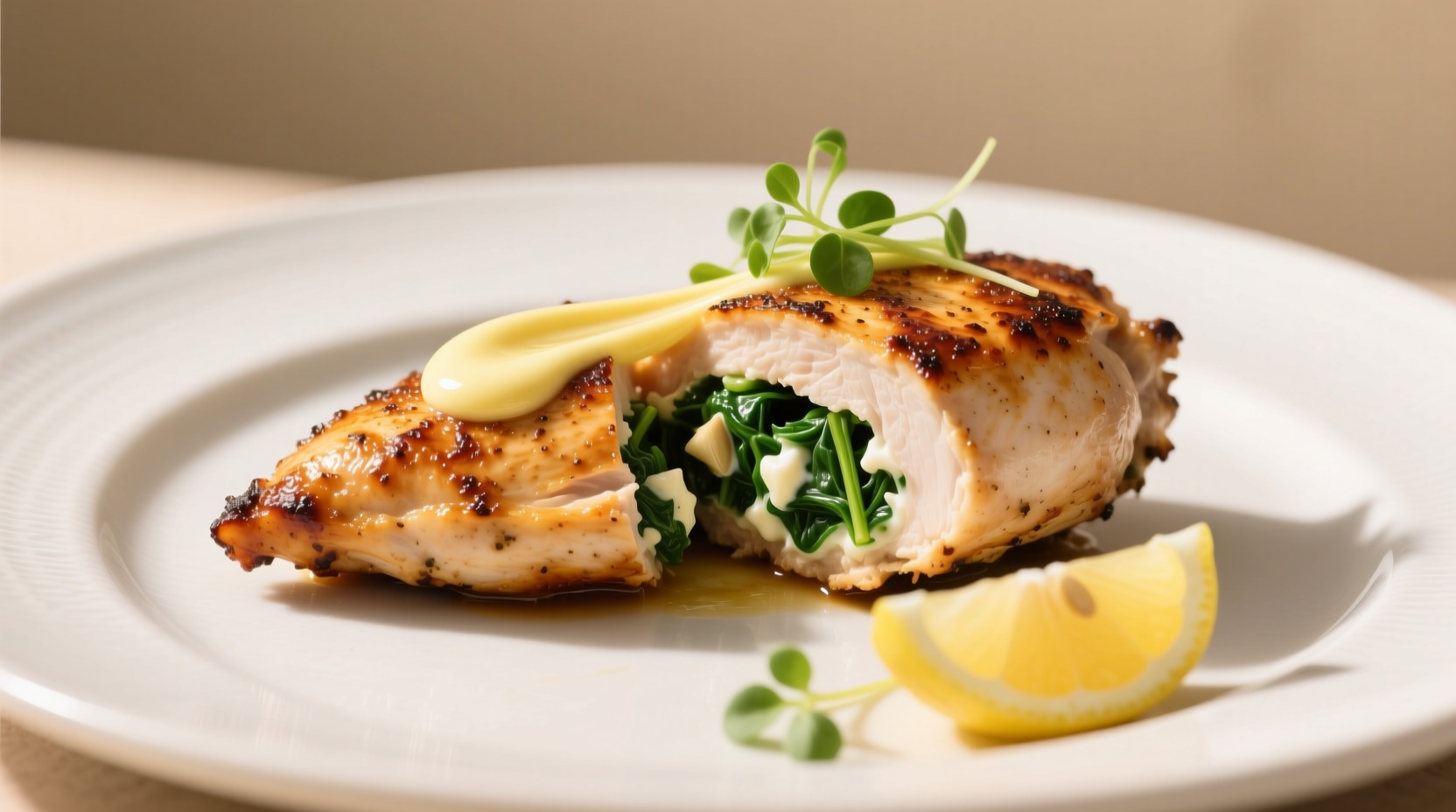 Golden brown spinach stuffed chicken breast on white plate