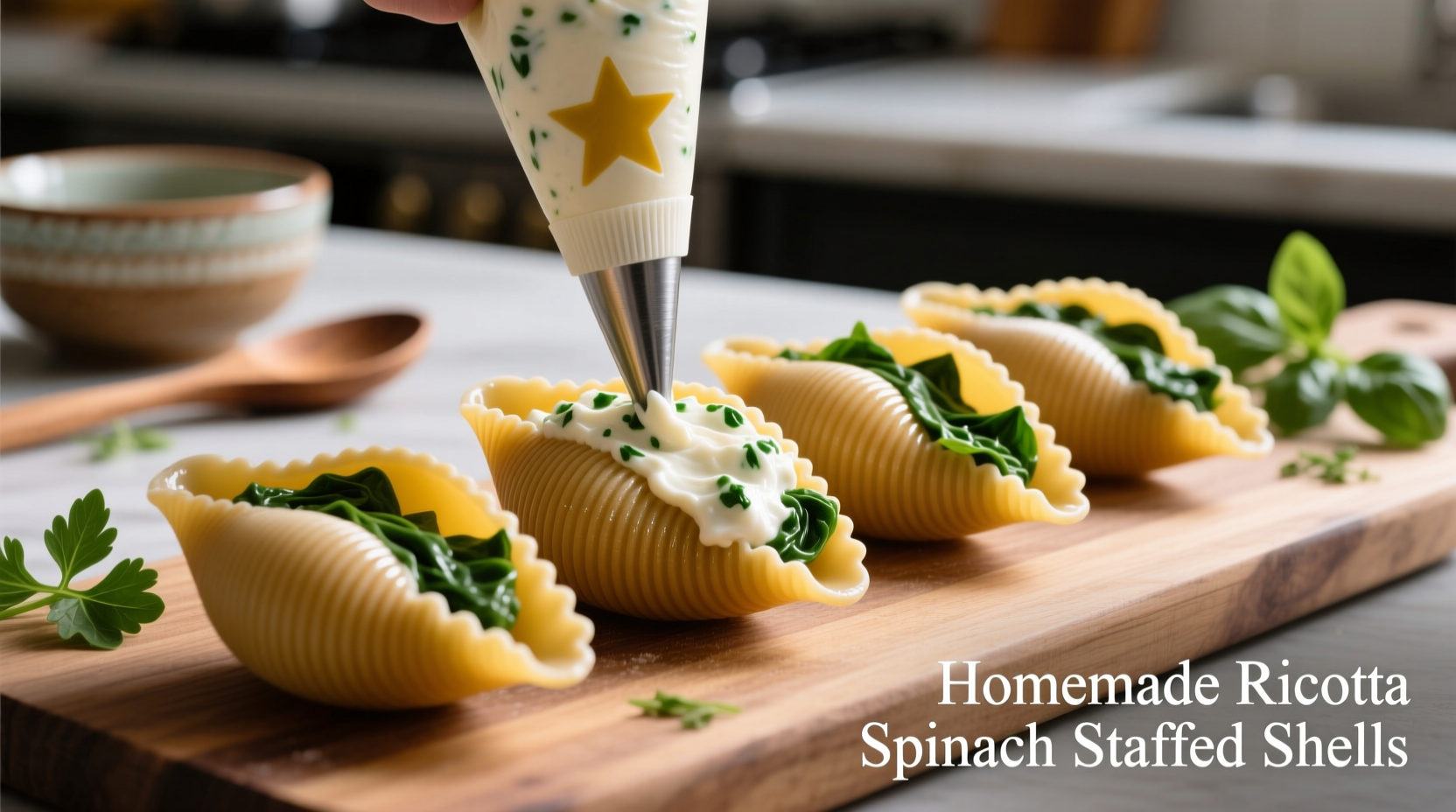 Ricotta spinach filling being piped into jumbo pasta shells