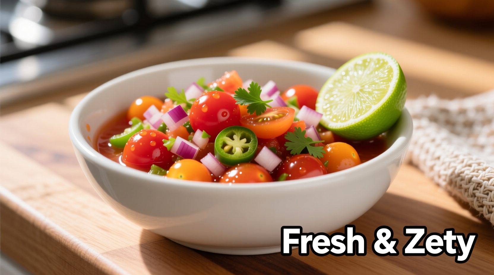 Fresh cherry tomato salsa in white bowl with lime wedge