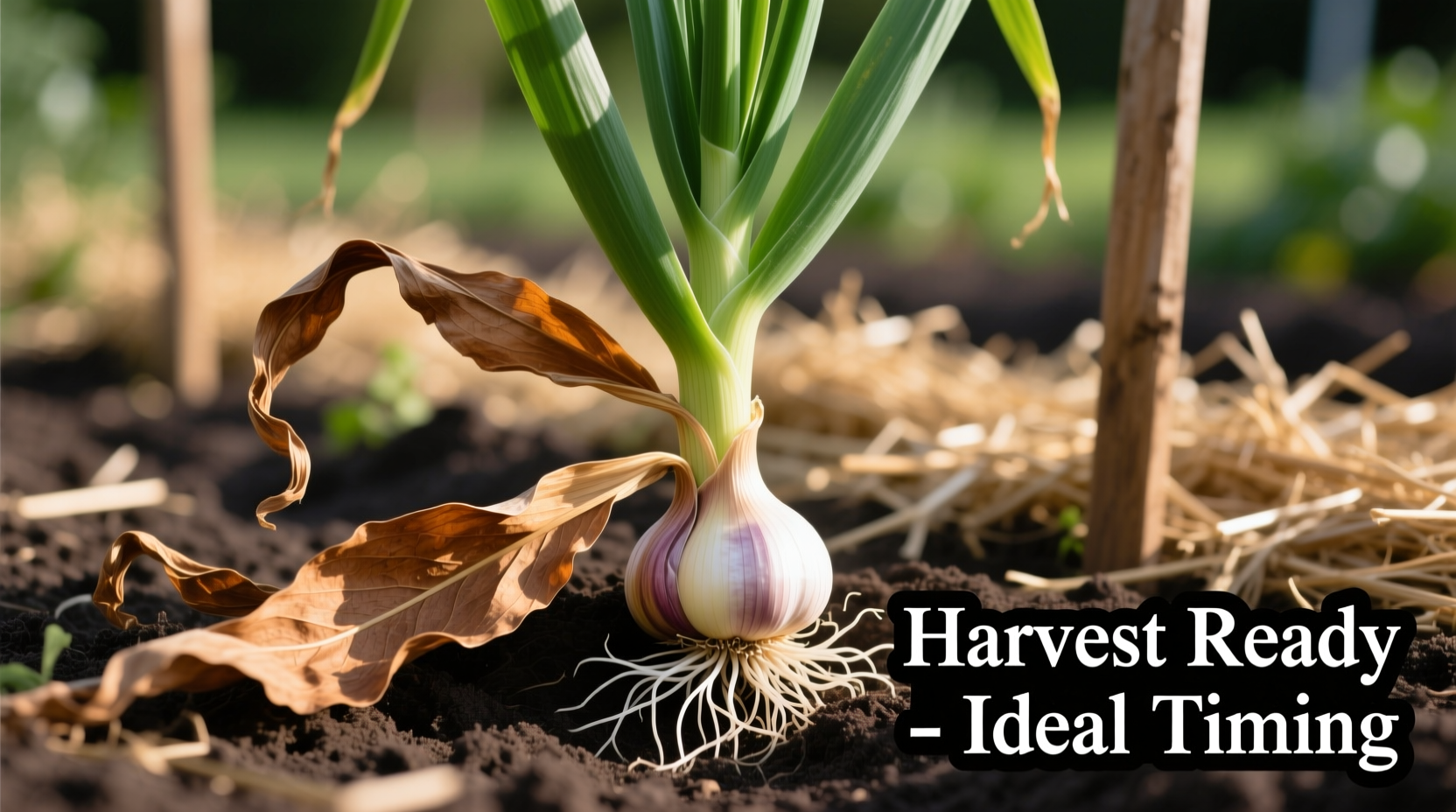 Garlic plant showing ideal harvest timing with lower leaves brown