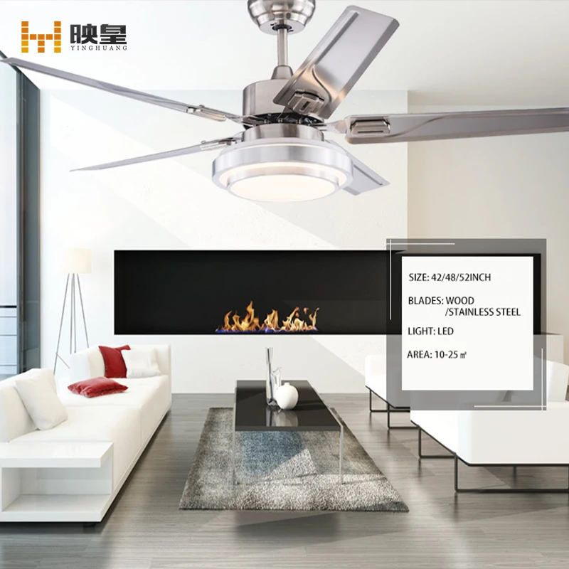 42/48/52 inches DC/AC Modern Indoor Energy Efficient Stainless steel/Wood Blades Ceiling Fan with LED Light