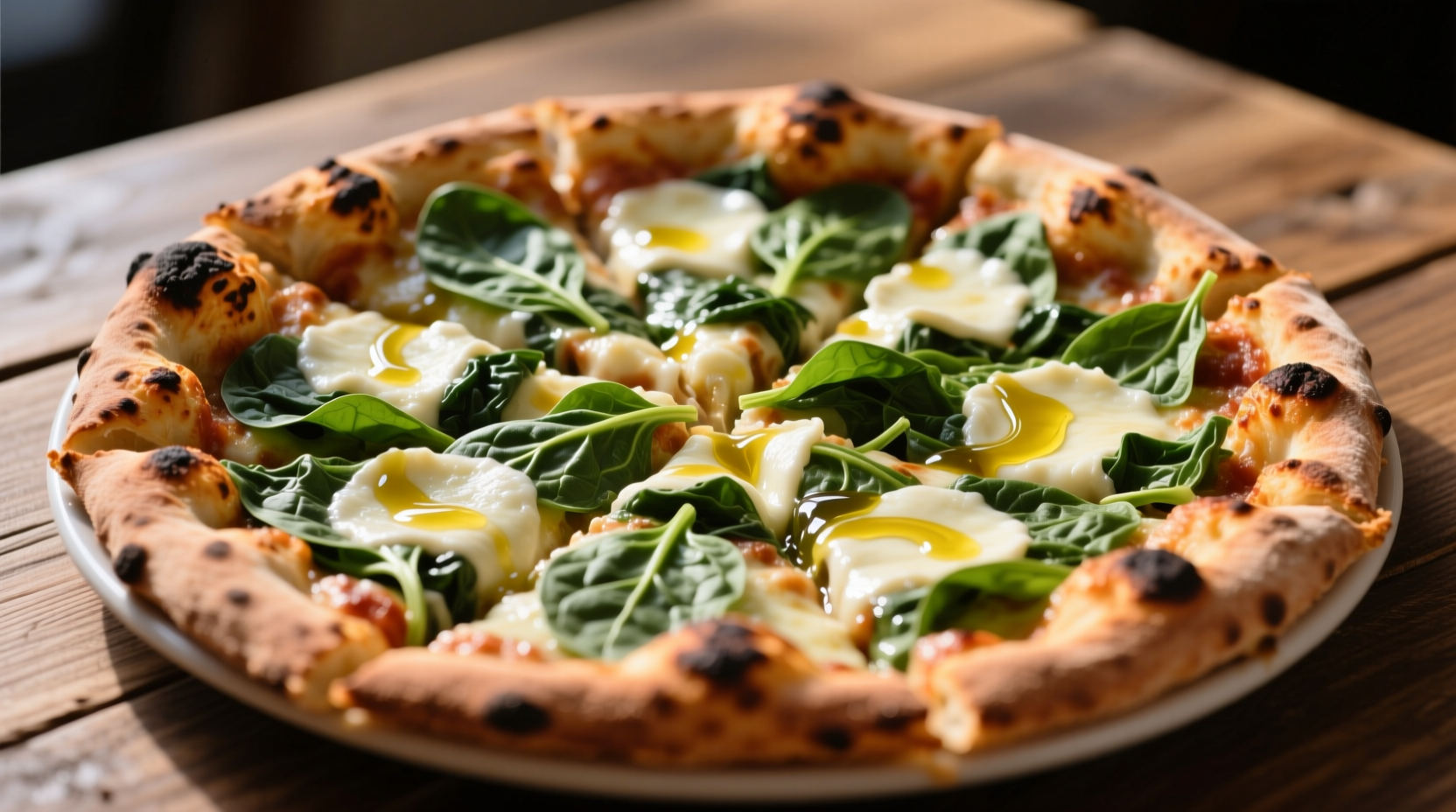 Crispy spinach pizza with melted cheese