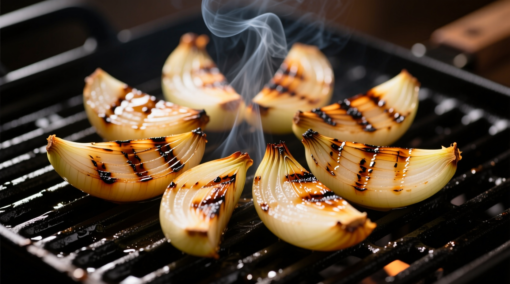 Grilled onion wedges with perfect char marks on a black grill