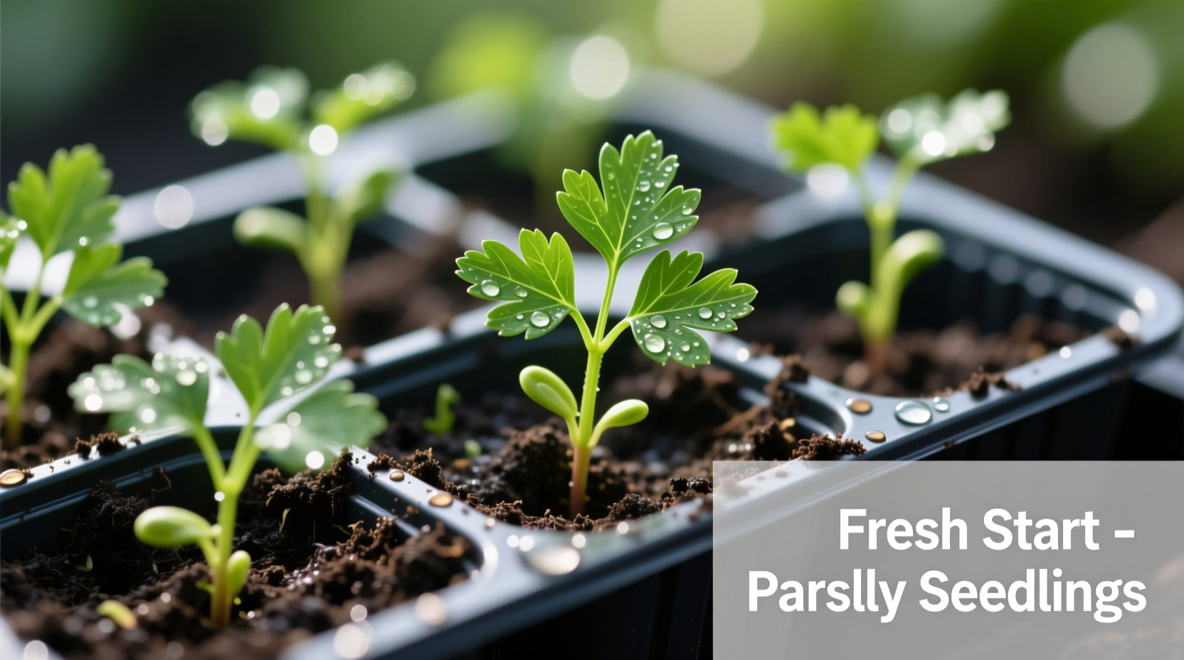 Close-up of parsley seedlings in starter trays