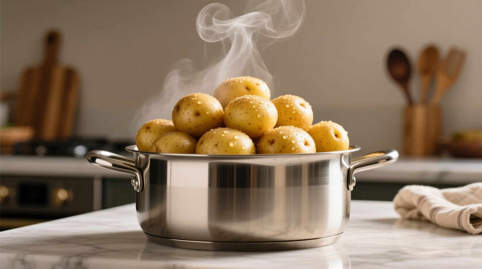 Perfectly boiled golden potatoes in a stainless steel pot