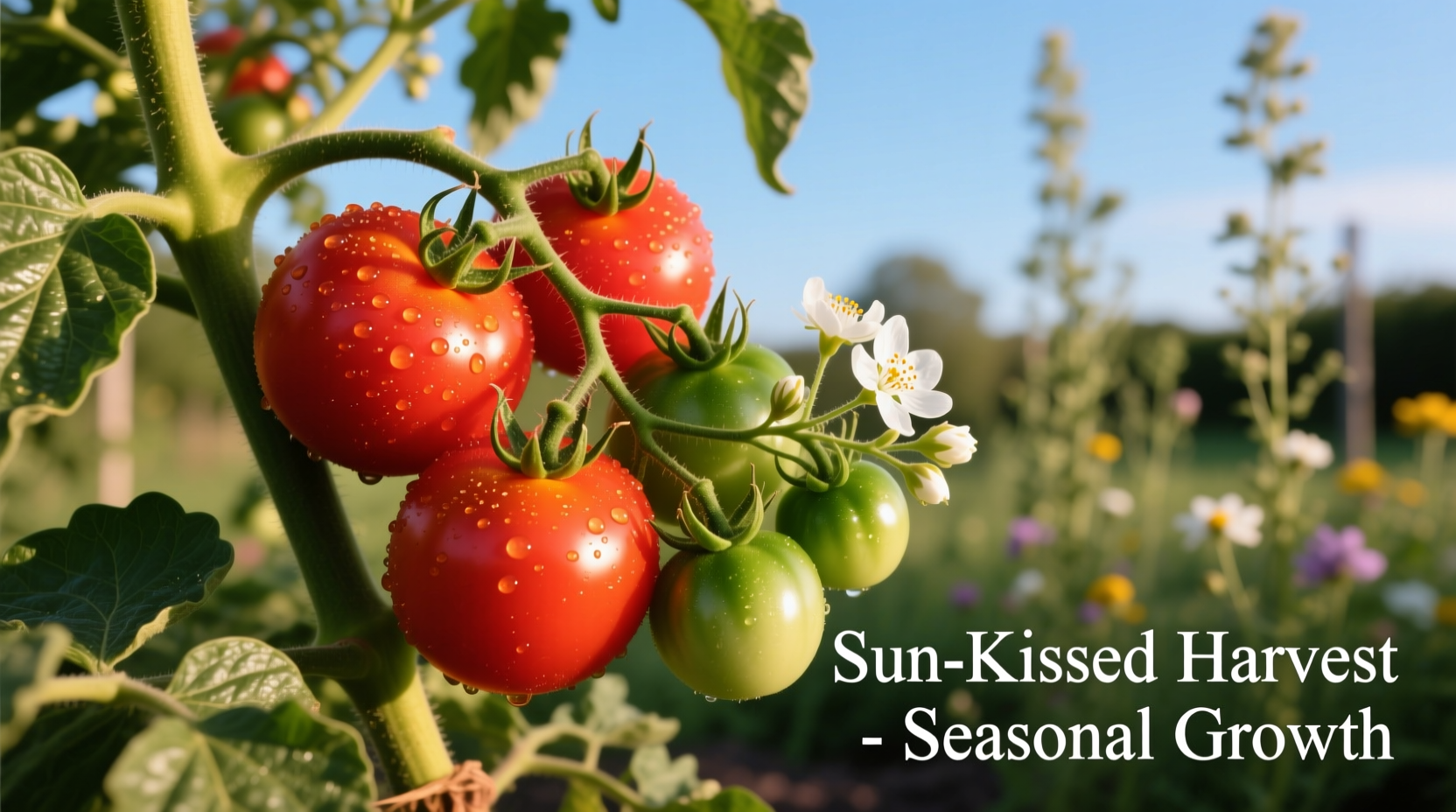 Ripe tomatoes on vine showing flower and fruit development