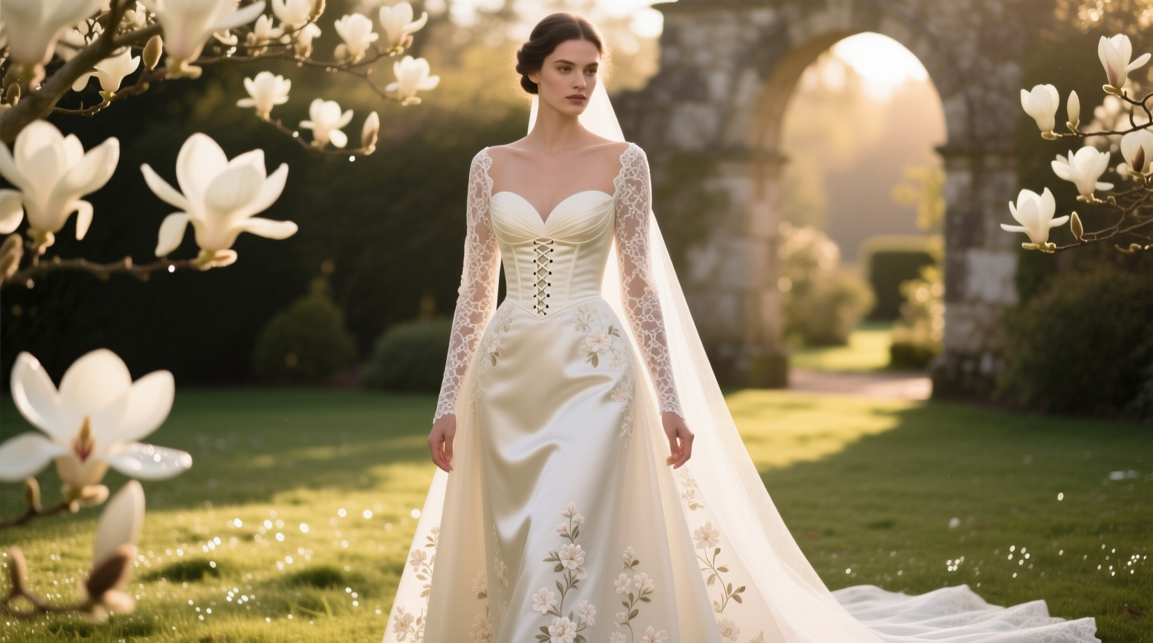 a line wedding dress with long lace sleeves