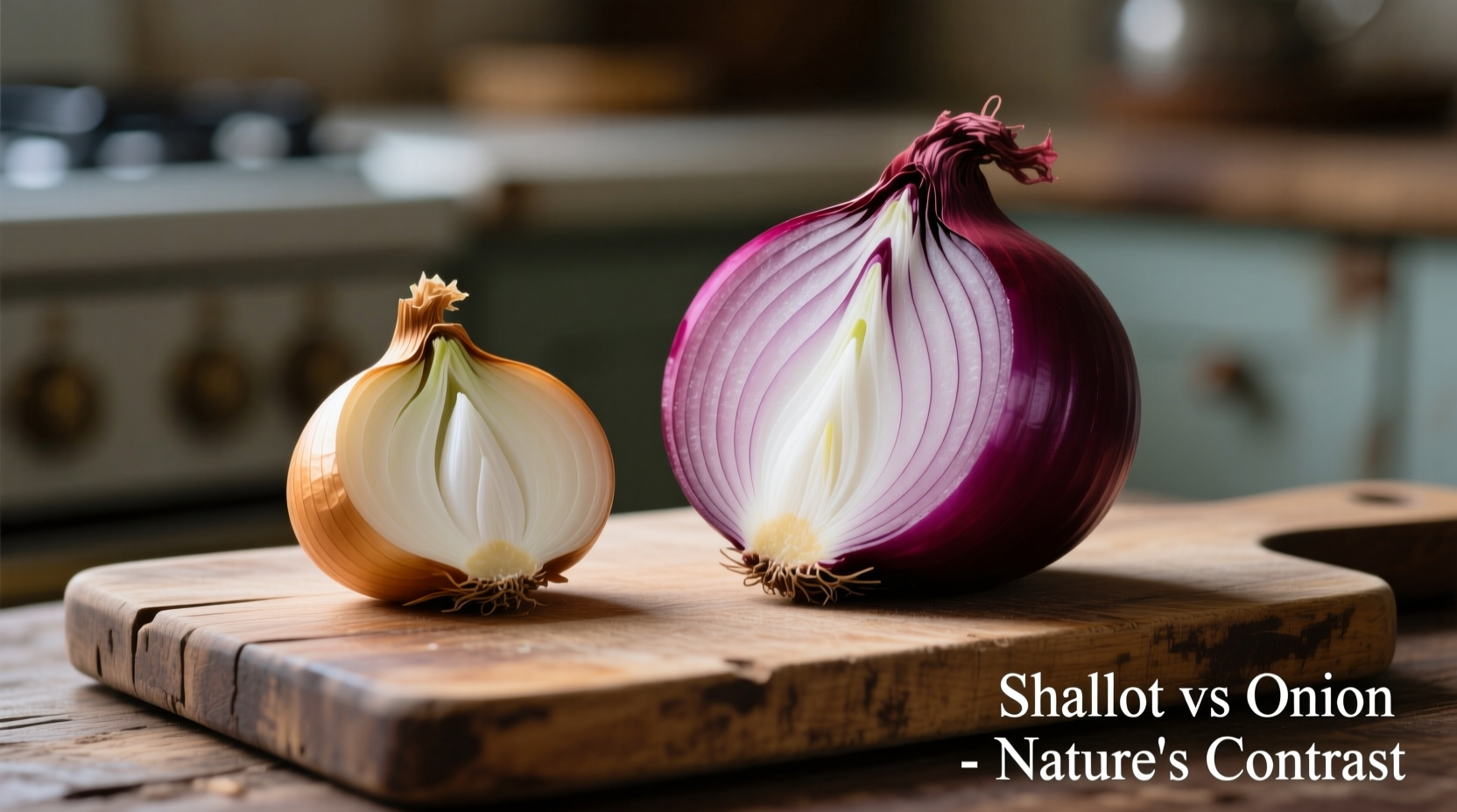 Shallot and onion comparison on wooden cutting board