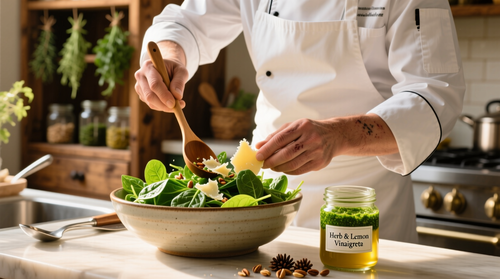 Chef preparing spinach salad with homemade dressing