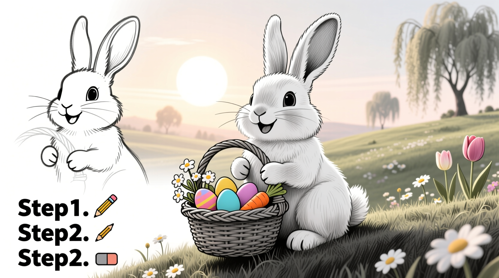 how to draw easter bunny with basket