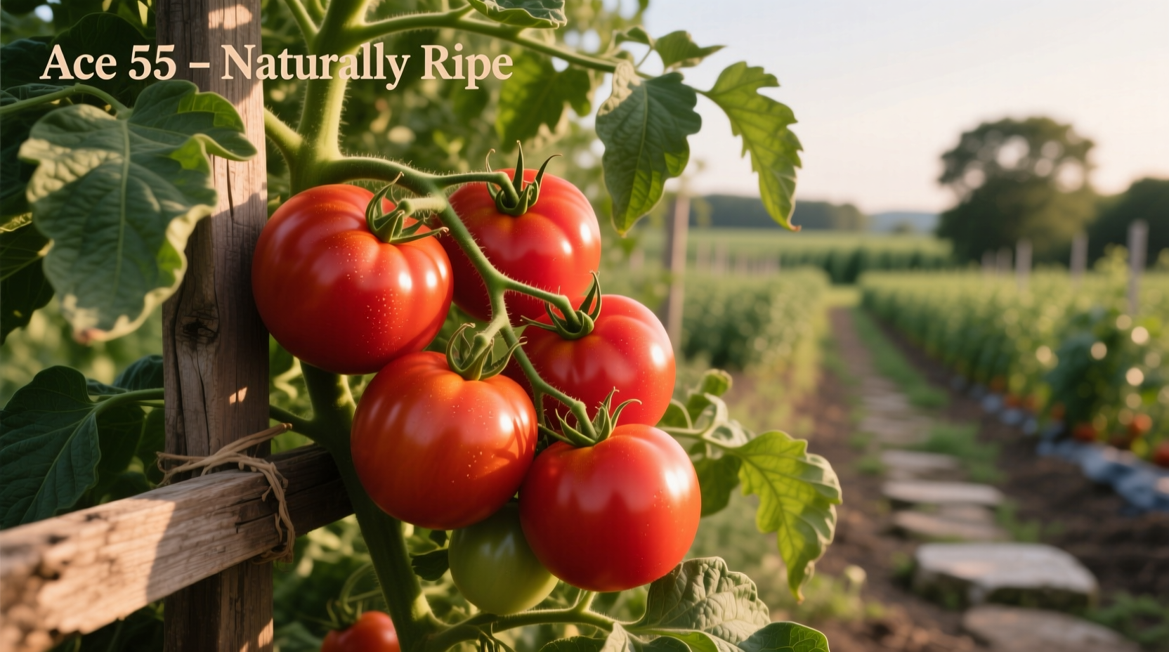 Ripe Ace 55 tomatoes on vine with healthy foliage
