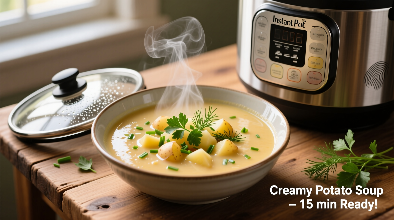Creamy potato soup in Instant Pot with fresh herbs