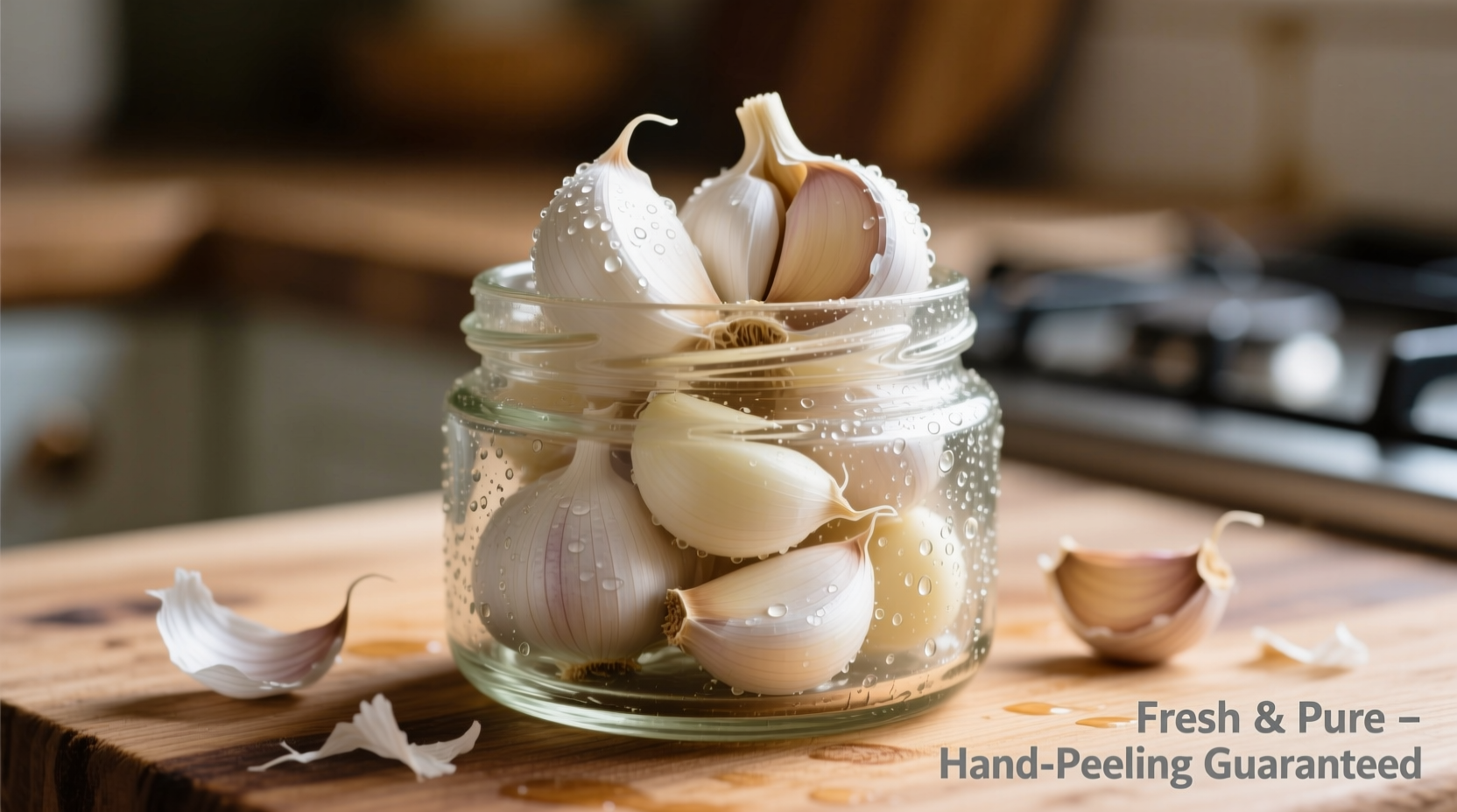 Fresh peeled garlic cloves in glass container