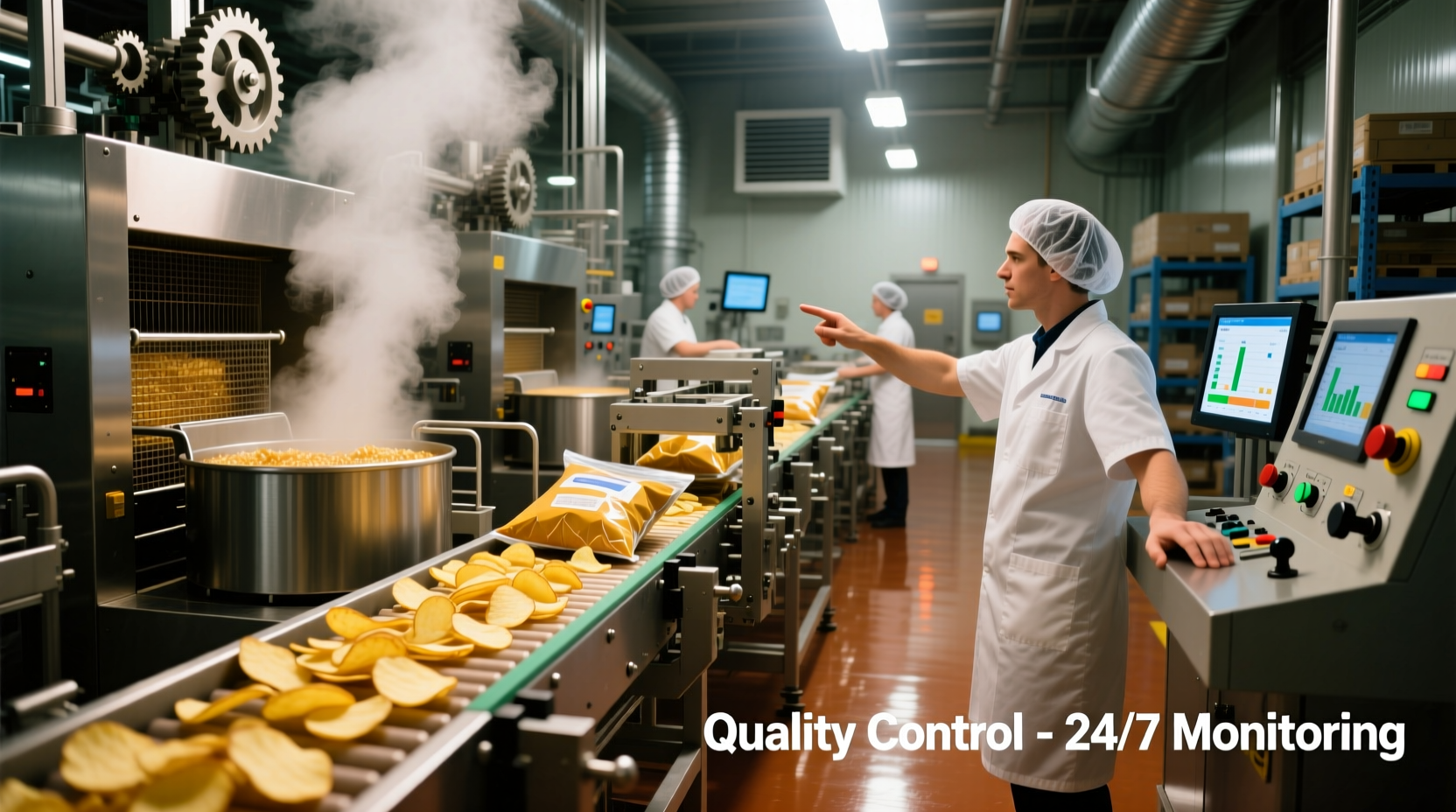 Modern potato chip production line with workers monitoring