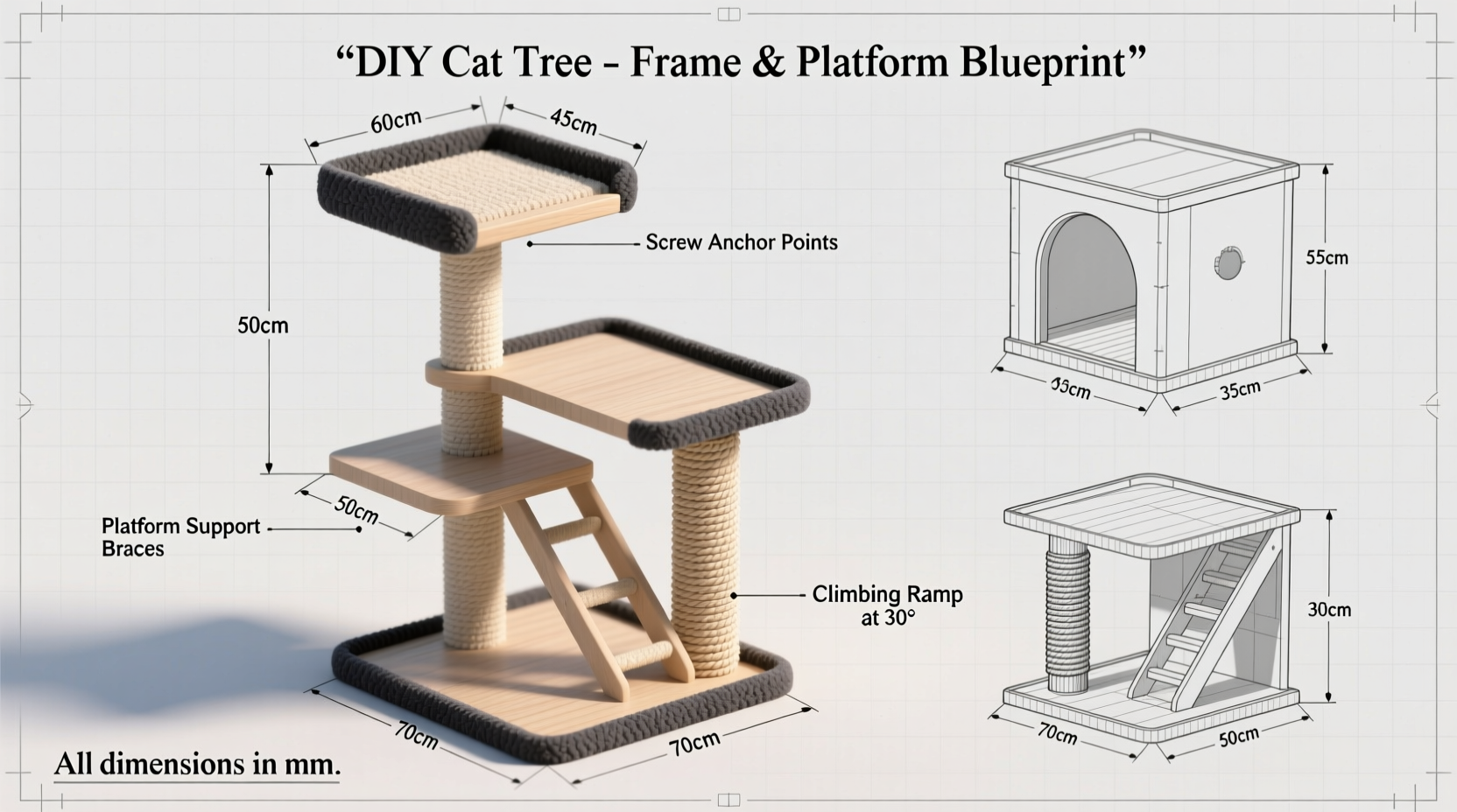 DIY cat tree blueprint showing platform measurements