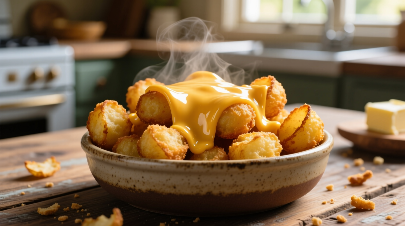 Golden potato tots topped with melted cheddar cheese