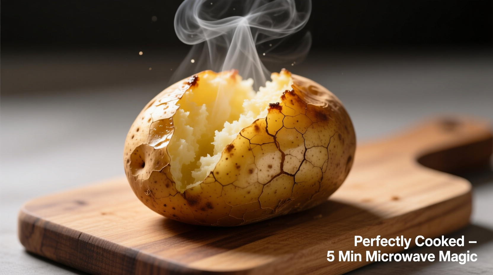 Perfectly cooked microwave baked potato with steam rising