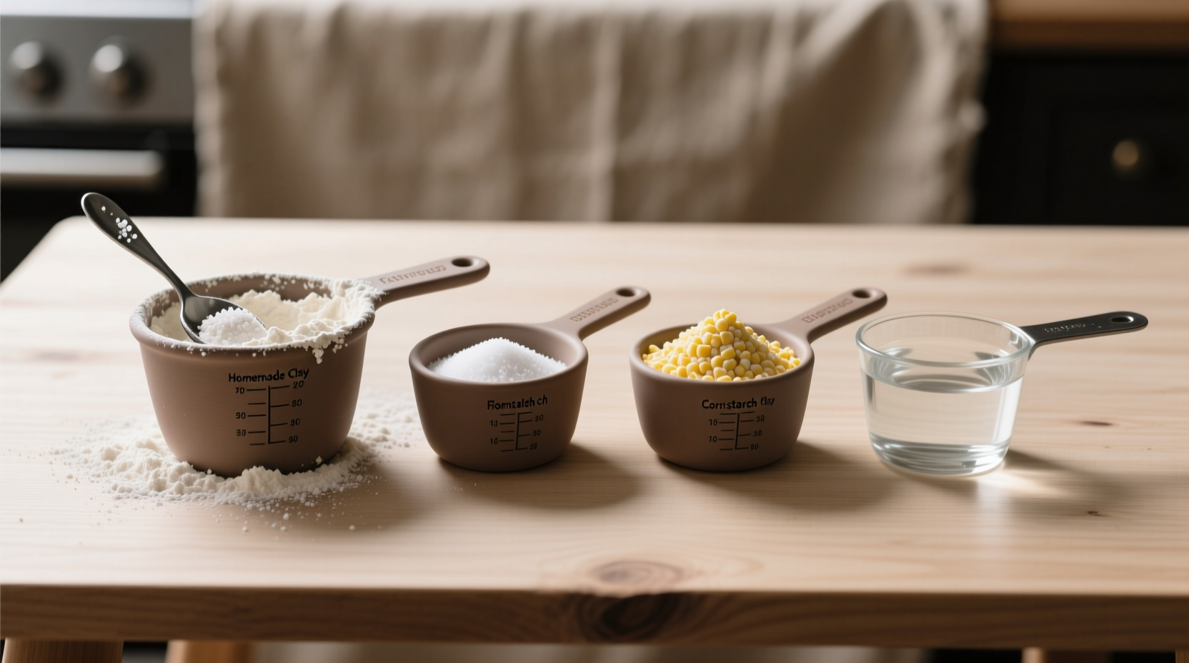 Homemade clay ingredients: measuring cups of flour, salt, cornstarch, and water on wooden table